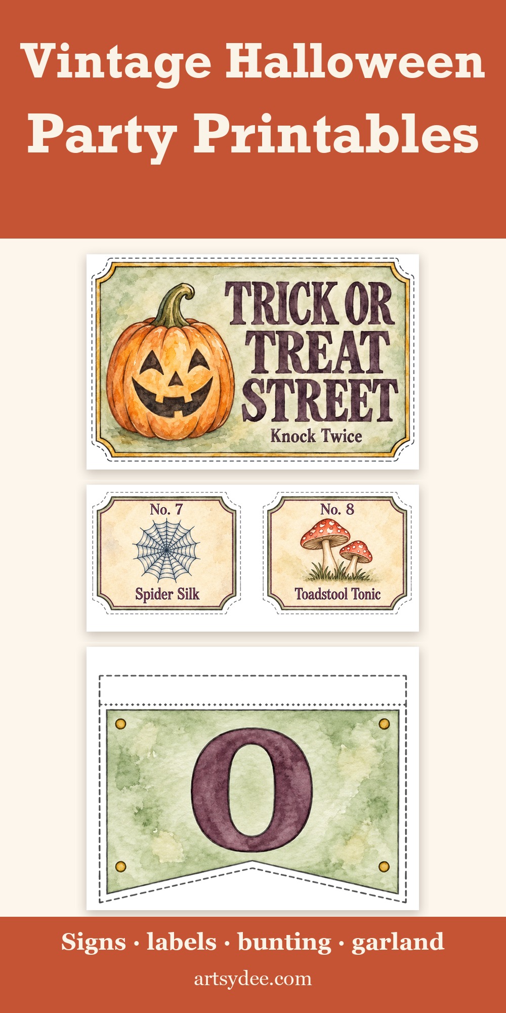 Vintage Halloween Paint and Print Kit pages: Trick or Treat Street sign, potion labels and HAPPY HALLOWEEN bunting