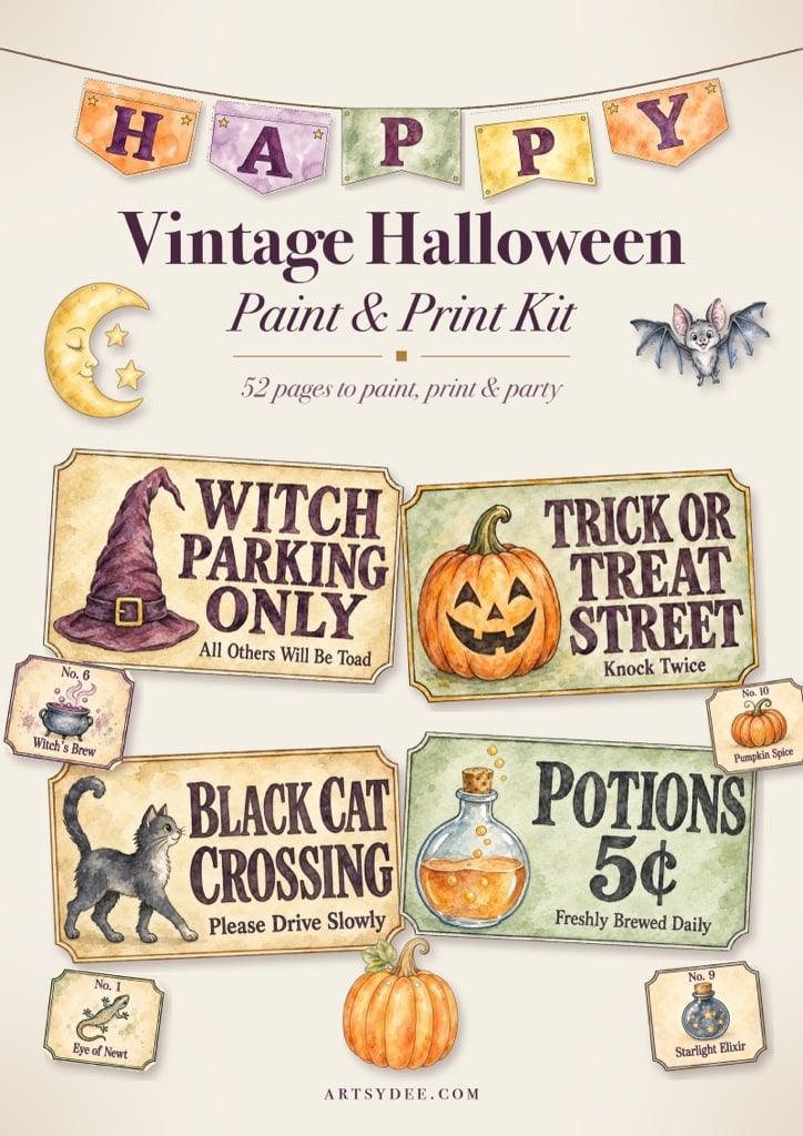 Vintage Halloween Paint & Print Kit: signs, labels and bunting to paint