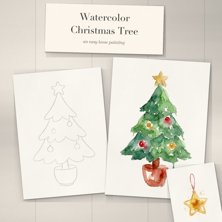 Watercolor Christmas tree outline template and its loose painted reference on a white-washed desk with a painted gold star