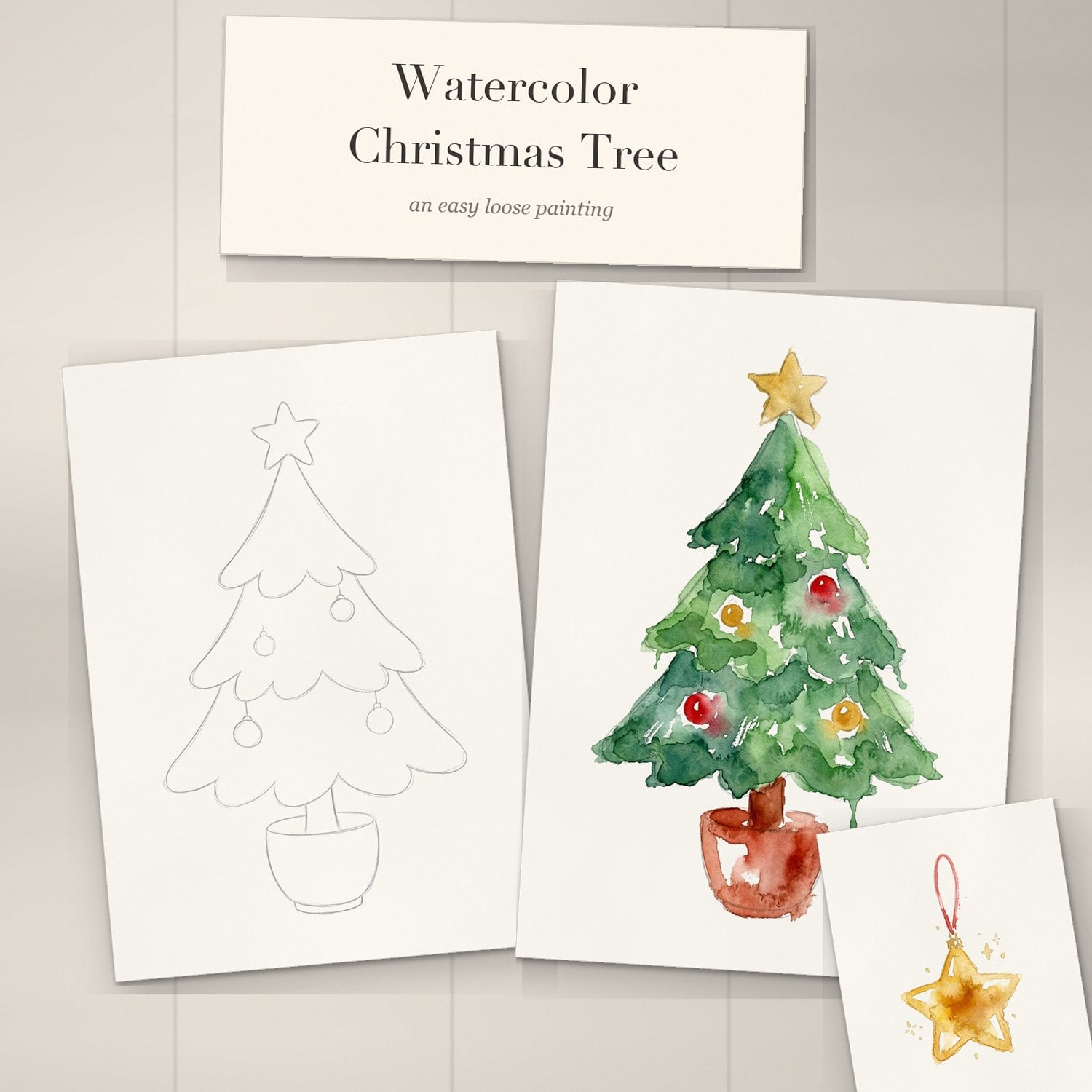 Watercolor Christmas tree outline template and its loose painted reference on a white-washed desk with a painted gold star