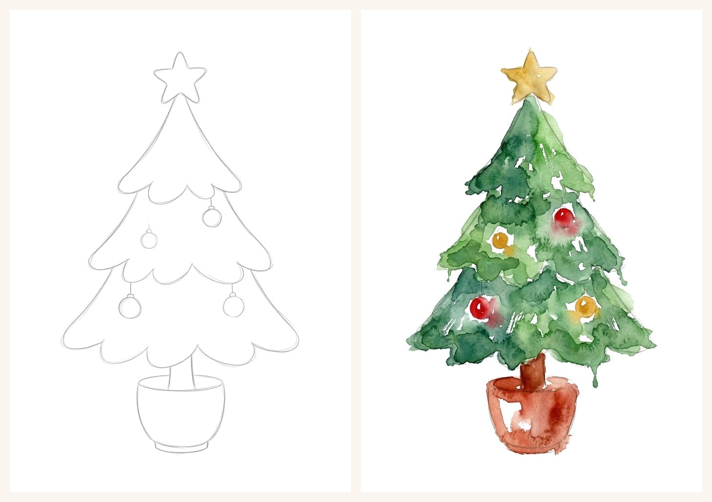 Side by side: the soft pencil outline of a little Christmas tree in a pot and the loose watercolor painted reference