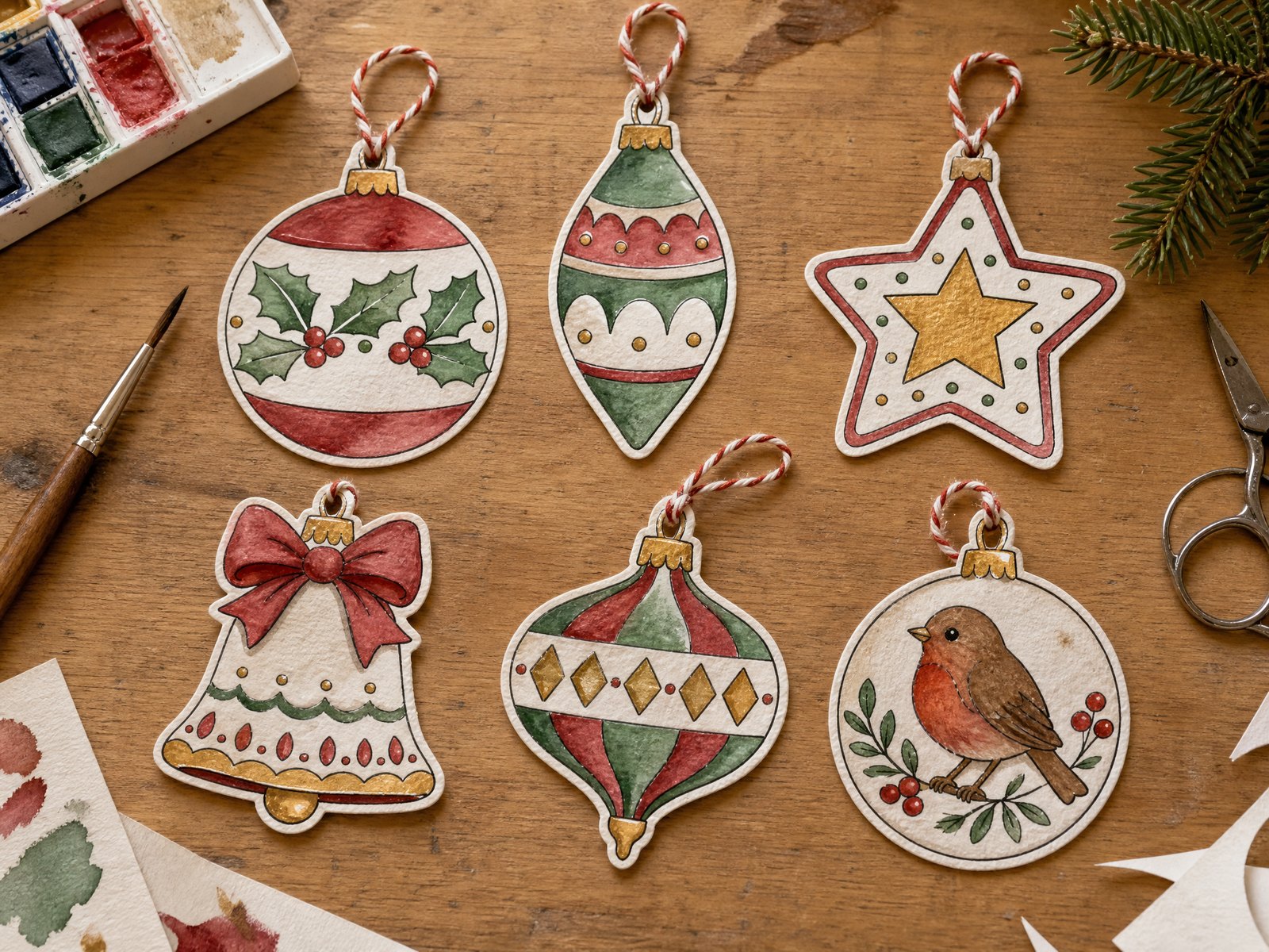Six paper Christmas ornaments painted in loose watercolor and cut out, each threaded with red and white baker's twine, on a wooden table with paints and scissors