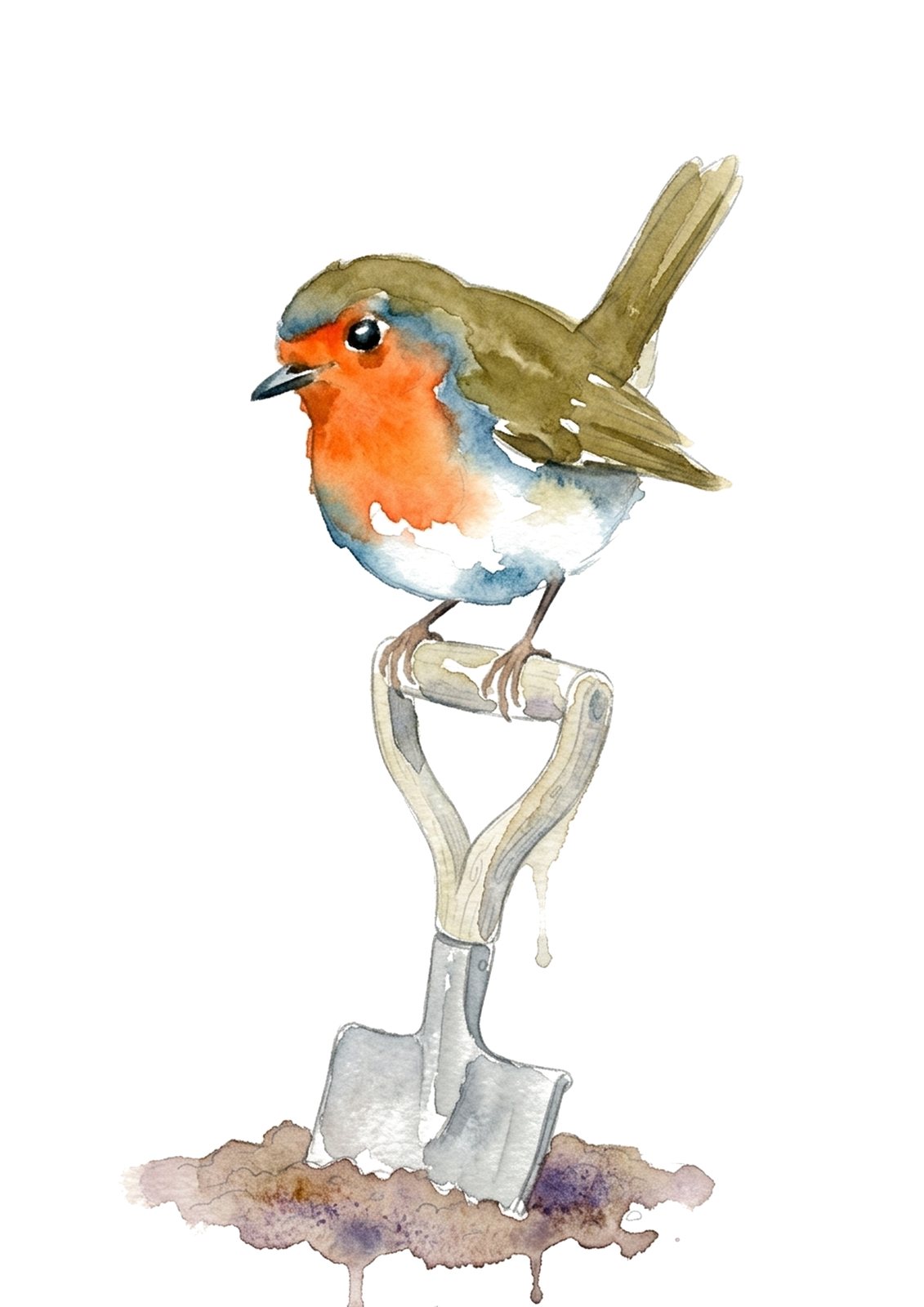 Painted reference of a loose watercolour robin with an orange breast, perched on a garden spade