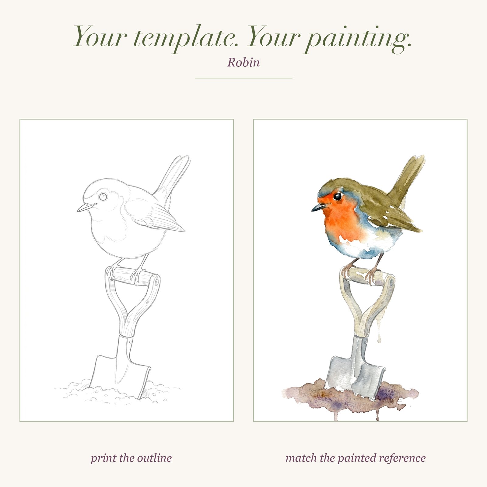 A robin on a spade watercolour template next to its painted reference: print the outline, match the painted reference