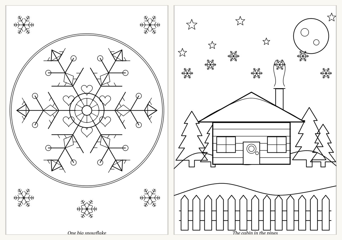 Two of the free winter coloring pages side by side: a large six-fold snowflake mandala in a circle, and a log cabin among pine trees with a moon, stars and a picket fence.