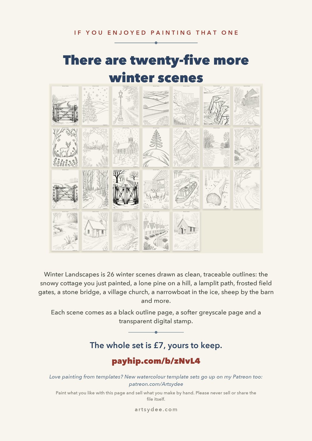 All 26 Winter Landscapes watercolor templates: snowy gates, a lamplit path, a church, a narrowboat, cottages and more