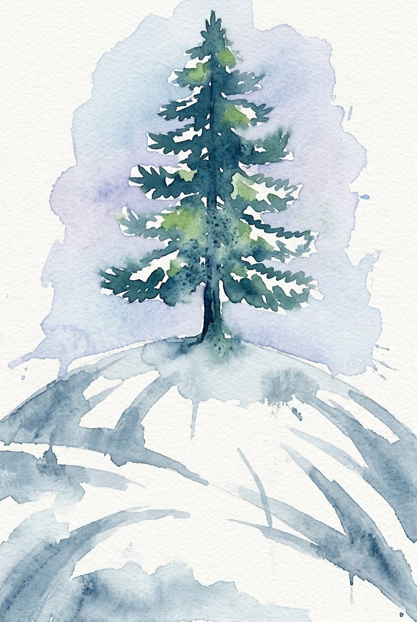 Painted reference of a lone pine tree on a snowy hill in loose blue-green watercolour