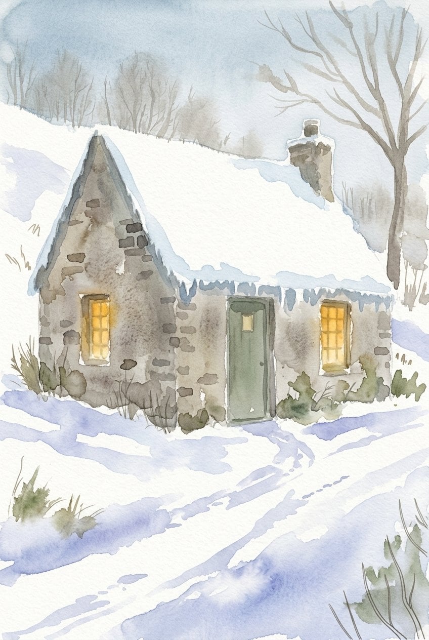 Painted reference of a snowy stone cottage in loose watercolour, with glowing windows and blue snow shadows