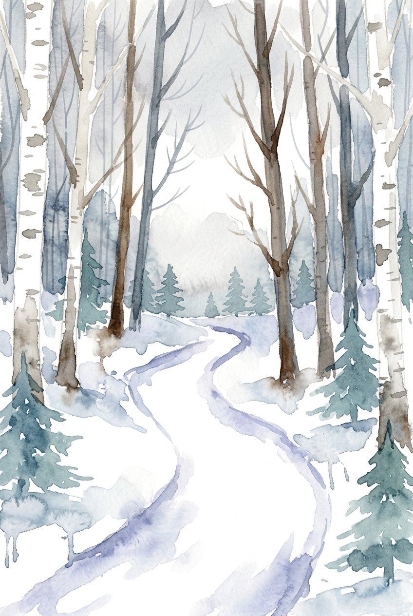 Painted reference of a winding snowy lane through birch and pine woods in soft winter watercolour