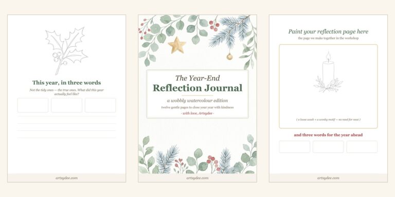 Three pages from the free Year-End Reflection Journal: a three-words prompt with a holly sprig, the watercolour cover, and a paint-your-reflection page with a candle